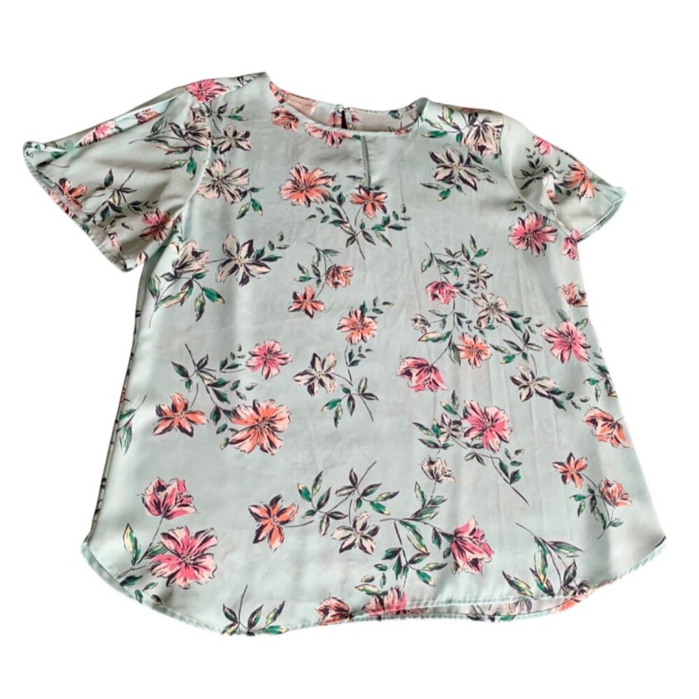 Van Heusen Womens Floral Short Sleeve Top Size Large Polyester Mint Pink